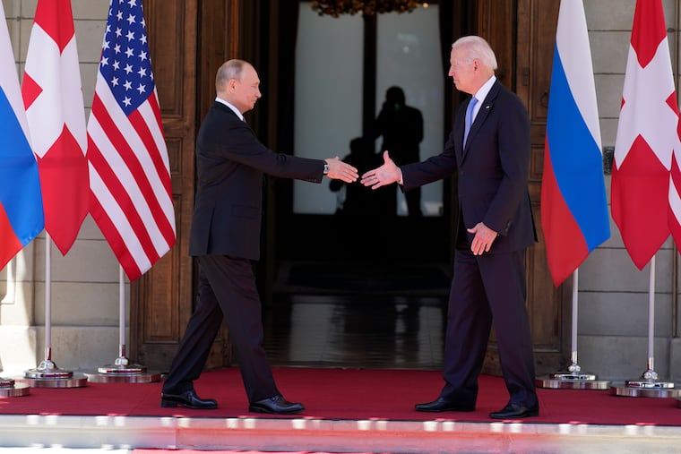 President Joe Biden (right) and Russian President Vladimir Putin arrive to meet at the Villa la Grange on Wednesday, June 16, 2021, in Geneva.