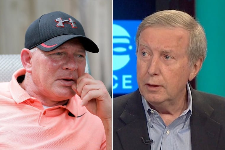 In a bizarre call into 94.1 WIP on Thursday, former Phillies outfielder Lenny Dykstra (left) was confronted about money he allegedly owes to NBC Sports Philadelphia analyst and WIP host Ray Didinger.