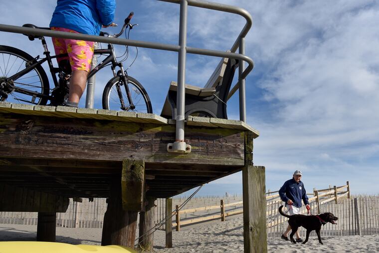 Margate resident Frank Previti walks his chocolate labs near the end of the Ventnor boardwalk where it stops at Fredericksburg Avenue - the border between Ventnor and Margate. Some Margate residents would like to see Ventnor's boardwalk extended into their town.