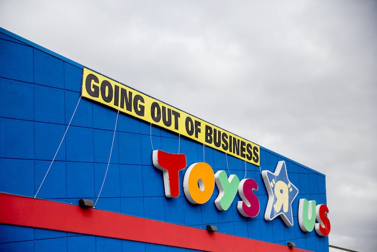 A "Going Out Of Business" sign hangs on a Toys R Us. store in Frederick, Md., on April 16, 2018.