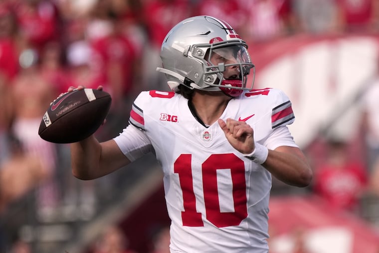 Ohio State's Julian Sayin passing against Wisconsin on Oct. 18.
