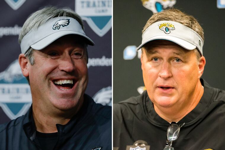 In his new memoir, "Fearless," Eagles head coach Doug Pederson (left) criticized the conservative play calling by Jaguars head coach Doug Marrone (right).