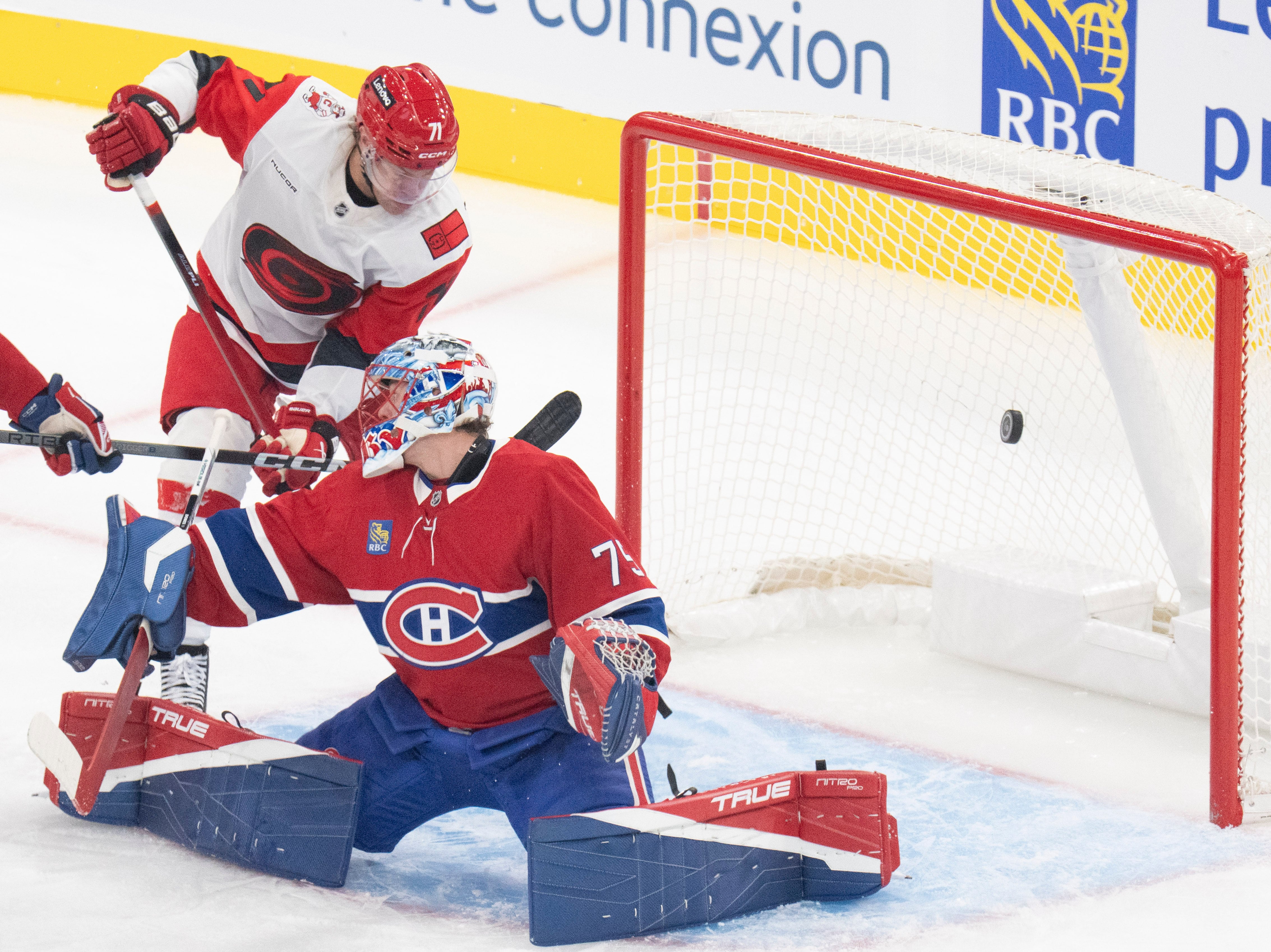 Taylor Hall scores 2 as Hurricanes beat Canadiens 6-4 in Montreal's home opener