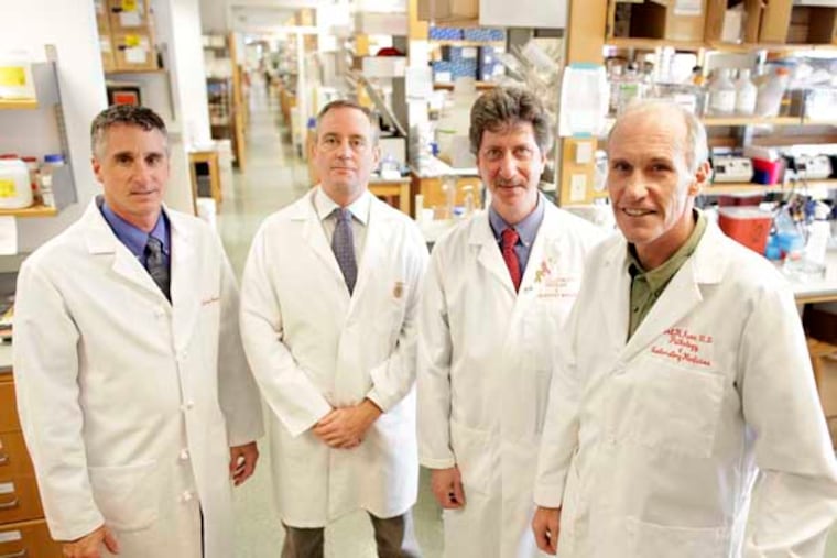 Doctors ( left to right ) David Porter, Michael Kalos, Bruce Levine and Carl June converse in the research labs. ( David Swanson / Staff Photographer ) Hospital of University of Pennsylvania, 431 Curie Blvd., Philadelphia, PA 19073 08-09-11 HE1GENE11 Another coup, the biggest yet, for University of Pennsylvania gene therapists led by Carl June: an experimental gene therapy completely eradicated a chronic form of leukemia in two patients. They're still in remission almost a year later. A third patient had a dramatic reduction in his blood cancer. The story will explain the 20 years of science behind this feat, which is being published simultaneously in two premier journals -- New England Journal of Medicine and Science Translational Medicine. Although the patients have declined to be identified/interviewed, one has written an eloquent essay that provides his view. NOTE: The embargo is 2 pm Wed, so this can go online before print on Thursday. Reporter is is Marie McCullough. (5)