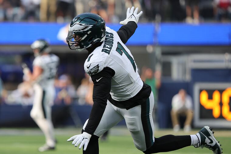 Eagles linebacker Haason Reddick celebrates his sack of Rams quarterback Matthew Stafford late in the fourth quarter on Sunday.