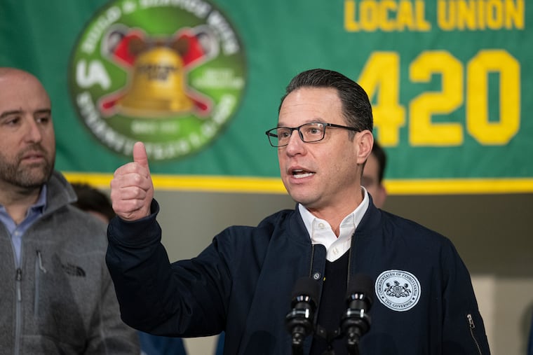Gov. Josh Shapiro, center, speaks at the Steamfitters Local 420 in Philadelphia, Friday, Feb. 6, 2026.