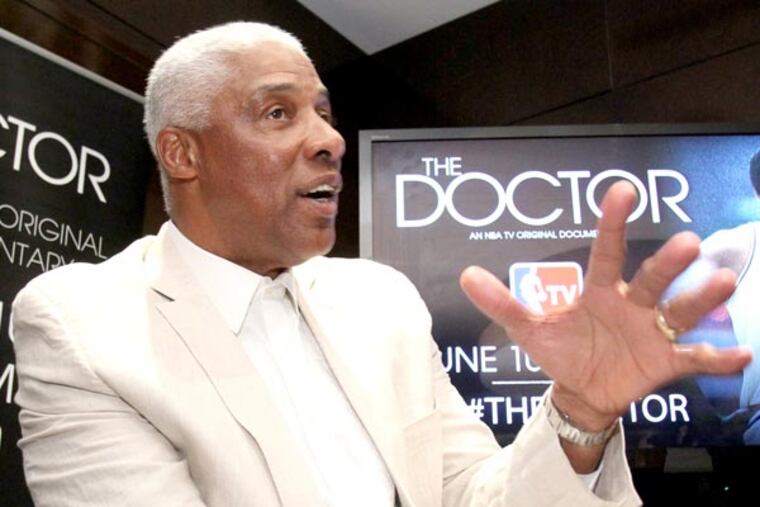 Former Sixer Julius Erving talks to the media following a press conference on June 5, 2013, prior to a private screening of "The Doctor." (Charles Fox/Staff Photographer)