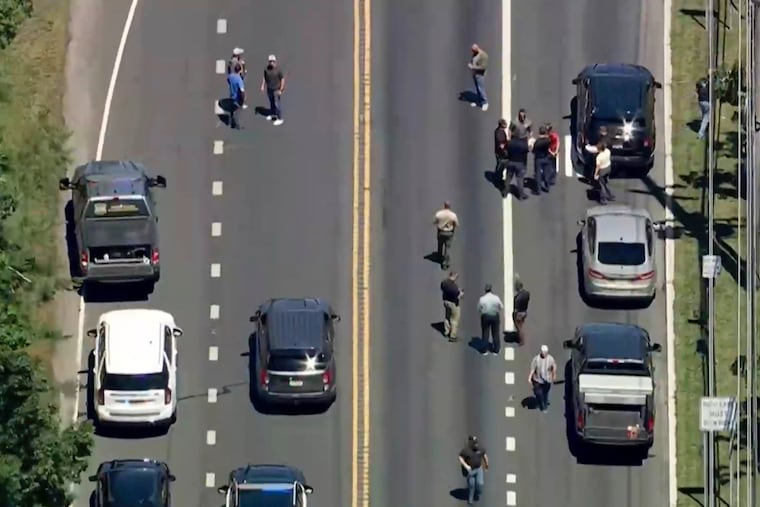 This image taken from video provided by WPVI-TV/6ABC shows law enforcement responding to the scene where, according to police, an ICE officer was struck by a vehicle Monday, June 15, 2026, in Stafford Township, N.J.