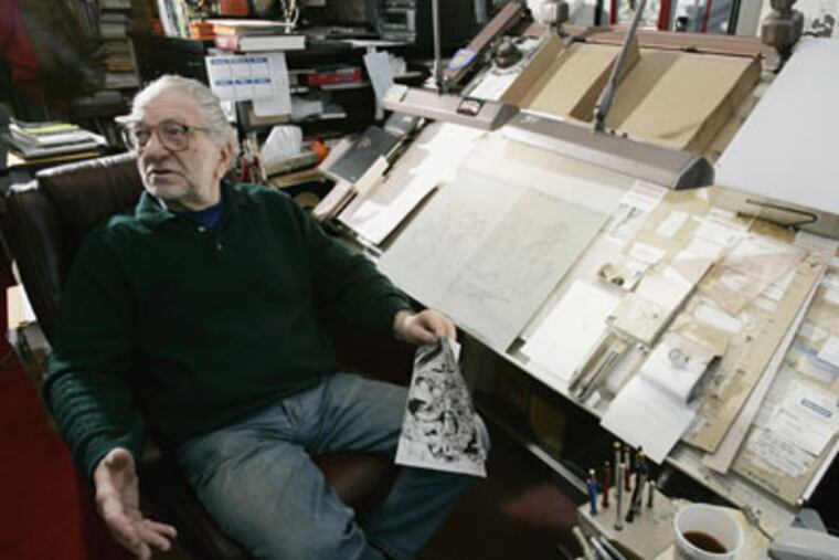 Joe Kubert, life-long cartoonist and founder of the Joe Kubert School of Cartooning and Graphic Art, talks while seated at his drawing table at the school in Dover, N.J. Kubert, who co-created DC Comics' iconic Sgt. Rock character and Tor, and reinvigorated Hawkman, died Sunday, according to The Kubert School, which he founded in 1976 with his wife to train illustrators and artists. He was 85. (AP Photo/Mike Derer, file)