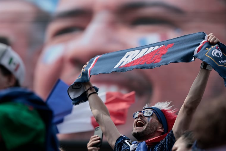 A France fan cheers in the stands before Monday's FIFA World Cup Group I match between France and Iraq on Monday.