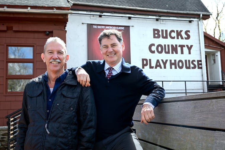 Alexander Fraser (left), outgoing producing director of the Bucks County Playhouse, poses with incoming producing director BT McNicholl on April 7. Fraser joined the New Hope production company in 2014, having worked as a producer for shows on and off Broadway. McNicholl is also a Broadway and regional theater veteran.