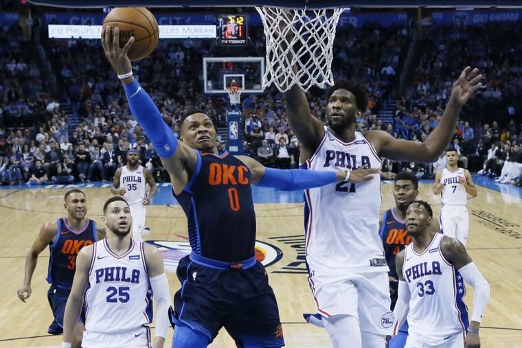 Oklahoma City Thunder guard Russell Westbrook shoots in front of Sixers center Joel Embiid in the first half of the Sixers 122-112 loss to the Thunder.