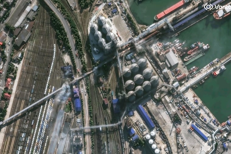 This image provided by Vantor shows smoke in an overview of port infrastructure in Novorossiysk, Russia, Wednesday, Aug. 12, 2026.