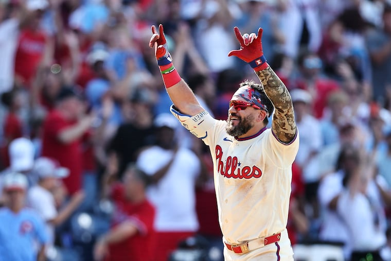 Phillies first baseman Kyle Schwarber celebrates a walk-off home run during a 6-4 victory against the St. Louis Cardinals at Citizens Bank Park on Sunday.