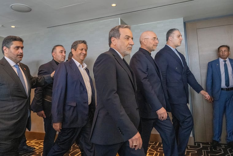 Minister of Foreign Affairs of Iran, Seyyed Abbas Araghchi, 3rd from right, and Speaker of the Islamic Parliament of Iran, Mohammed Bagher Ghalibaf, 2nd from right, with the Delegation of Iran at the Lake Lucerne Summit at the Buergenstock resort in Obbuergen, near Lucerne, Switzerland, Sunday, June 21, 2026.