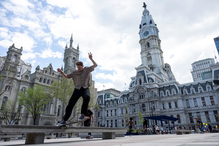 Kevin Shealy, 33, of Los Angeles, Cali., skating at the newly renovated skate plaza at the Municipal Services Building in Philadelphia, Pa., on Friday., April. 17, 2026.