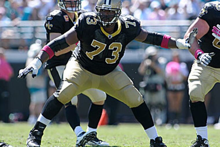 Saints offensive tackle Jahri Evans will play the Eagles for the fifth time in his career on Monday night. (Phelan M. Ebenhack/AP)