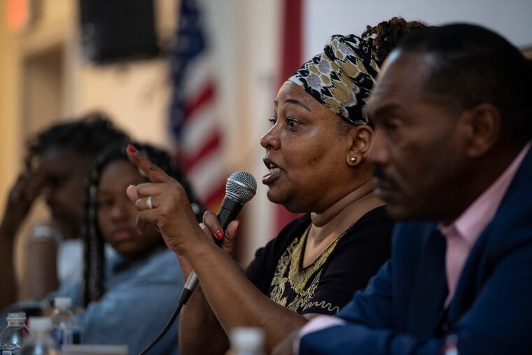 Rochelle Bilal, President of the Guardian Civic League, speaks to a large crowd during a rally on Sunday, July 28, 2019 at the Mother Bethel A.M.E. Church in Philadelphia, Pa. Community leaders and Philadelphia officials gathered to discuss the racist and offensive Facebook posts by nearly 330 police officers documented by the Plain View Project