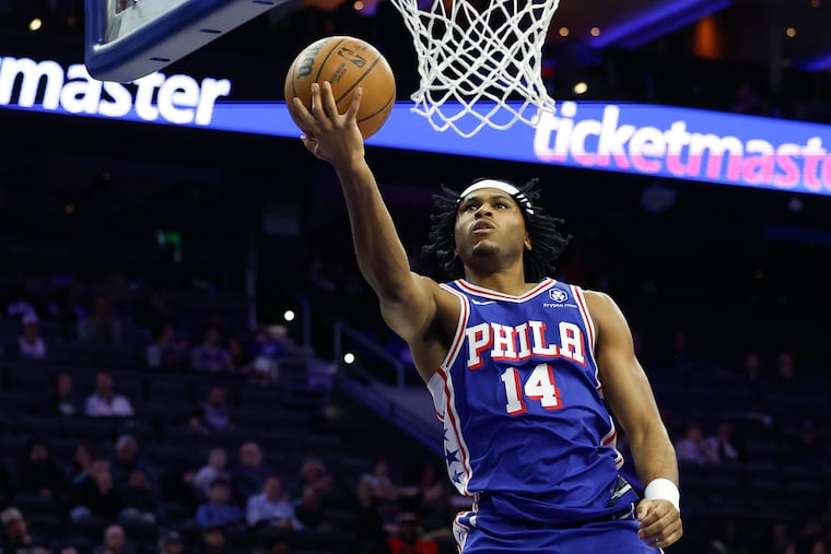Sixers guard Ricky Council IV lays-up the basketball against the Chicago Bulls on Monday, February 24, 2025 in Philadelphia.