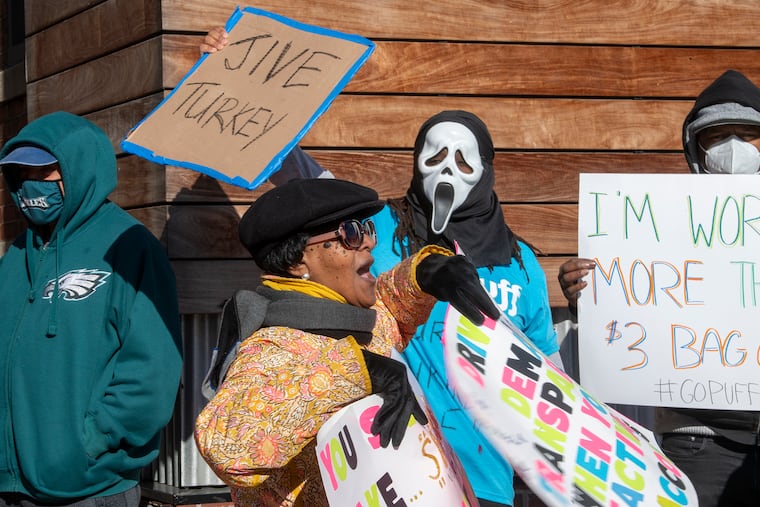 Gopuff drivers demanded better pay and working conditions during a rally at the Gopuff headquarters in Philadelphia, Pa. Tuesday, November 23, 2021. Hundreds of Gopuff drivers were expected to go on strike across the country for one day.