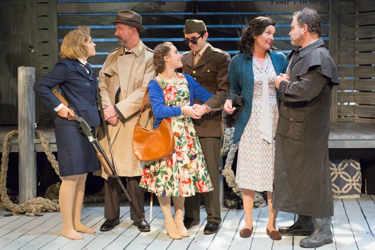 Left to right: Rachel Camp, Charlie DelMarcelle, Eileen Cella, Patrick Romano, Hayden Saunier, and David Ingram in Michael Hollinger’s “Red Herring,” through Nov. 19 at Act II Playhouse in Ambler.