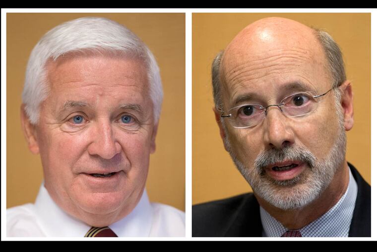 In this combination of 2014 photos Pennsylvania gubernatorial candidates Republican Gov. Tom Corbett, left, and Democrat Tom Wolf are shown in Philadelphia. (AP Photo/Matt Rourke)