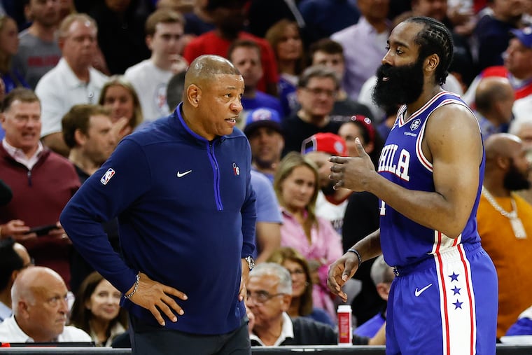 Sixers Head Coach Doc Rivers with guard James Harden against the Boston Celtics during Game 6 of the Eastern Conference semifinal playoffs on Thursday, May 11, 2023 in Philadelphia.