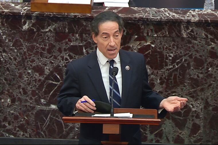 In this image from video, House impeachment manager Rep. Jamie Raskin, D-Md., speaks about the motion to call witnesses during the second impeachment trial of former President Donald Trump in the Senate at the U.S. Capitol in Washington, Saturday, Feb. 13, 2021.