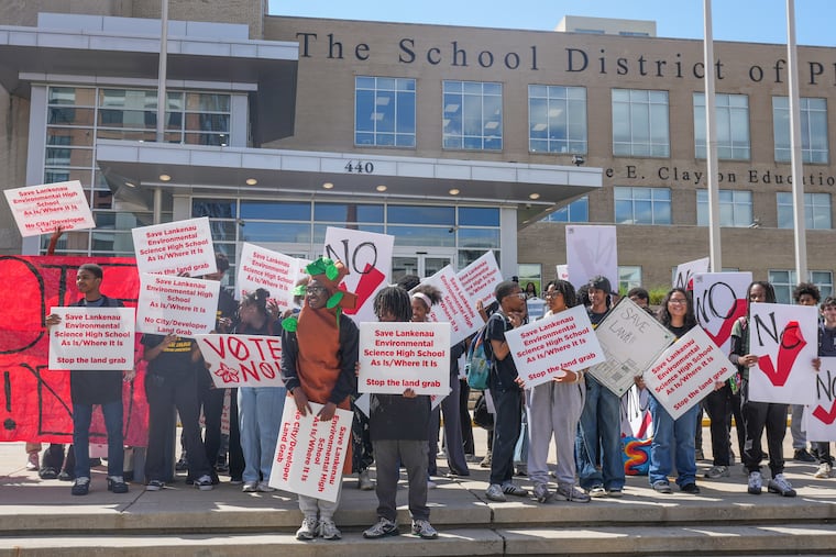 Demonstrators gather outside of the School District Building on April 30 to rally against the Board of Education’s plan to close 17 Philadelphia public schools.
