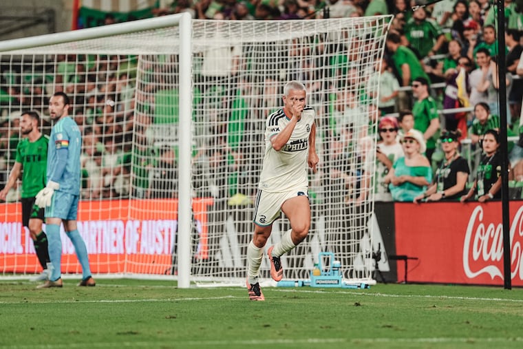 Cavan Sullivan celebrates his goal for the Union in Austin.