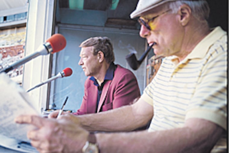 Harry Kalas and Richie Ashburn in the broadcast booth at Veteran's Stadium. (file photo)