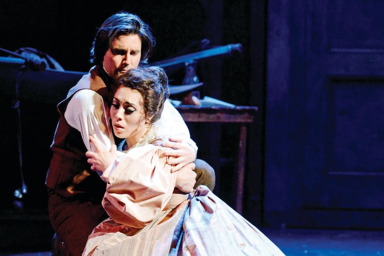 Rodolfo (Mackenzie Whitney) and Mimì (Marina Costa-Jackson) in Academy of Vocal Arts’ production of Puccini’s La bohème (continues Feb 12 & 14 in Center City; Feb 17 & 19 in Haverford)