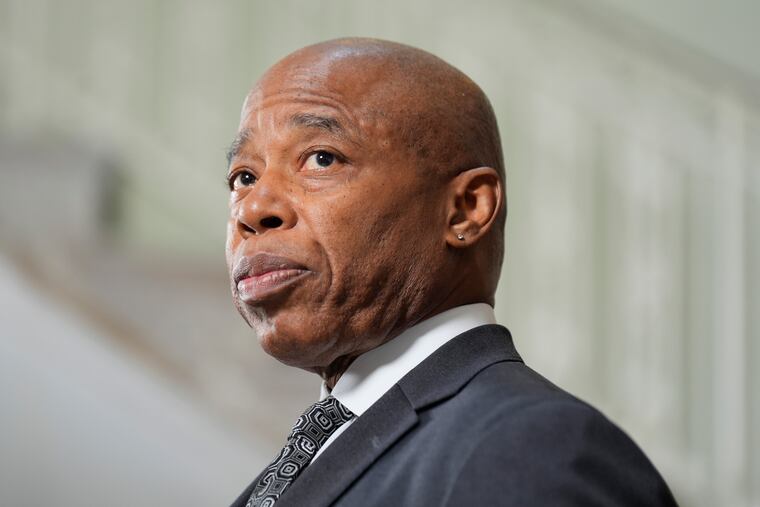New York City mayor Eric Adams speaks to members of the press at a news conference in New York, on Monday, Sept. 16, 2024.