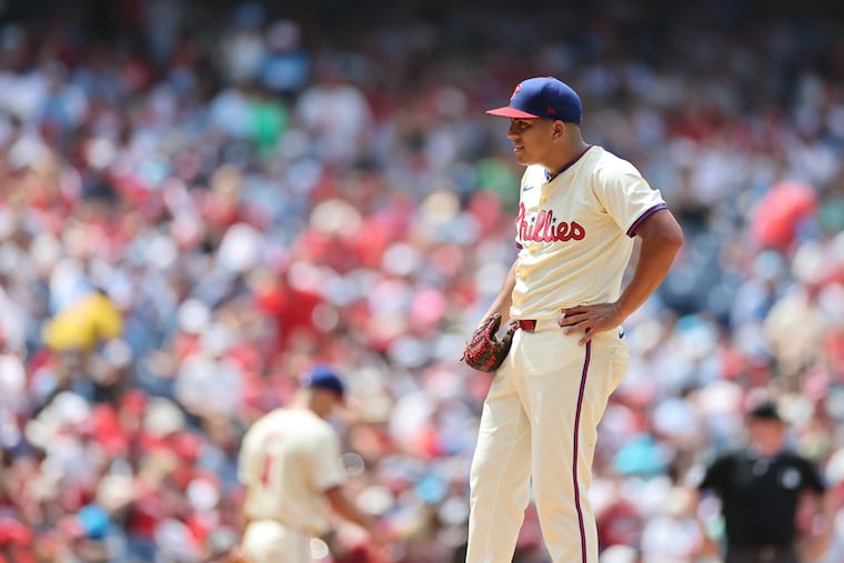 Philadelphia Phillies starter Ranger Suárez reacts after giving up five runs in the second inning as the Phillies lost to the Los Angeles Angels on Sunday.