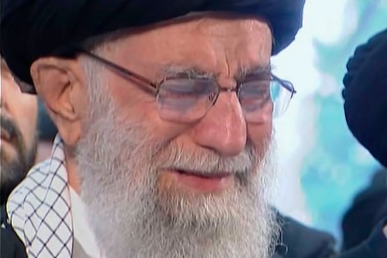 In this image taken from video, Iranian Supreme Leader Ayatollah Ali Khamenei openly weeps as he leads a prayer over the coffin of Gen. Qassem Soleimani, who was killed in Iraq in a U.S. drone strike on Friday, at the Tehran University campus, in Tehran, Iran, Monday, Jan. 6, 2020.