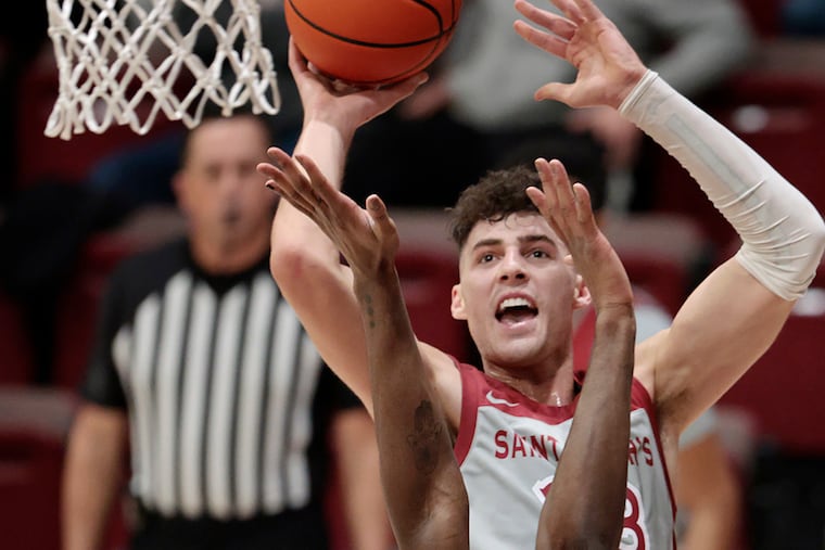 St. Josephs Taylor Funk shoots in the first half of the George Washington at St. Joseph’s University division A-10 mens basketball game at St. Joe’s Hagan Arena in Phila., Pa. on Jan. 19, 2022.