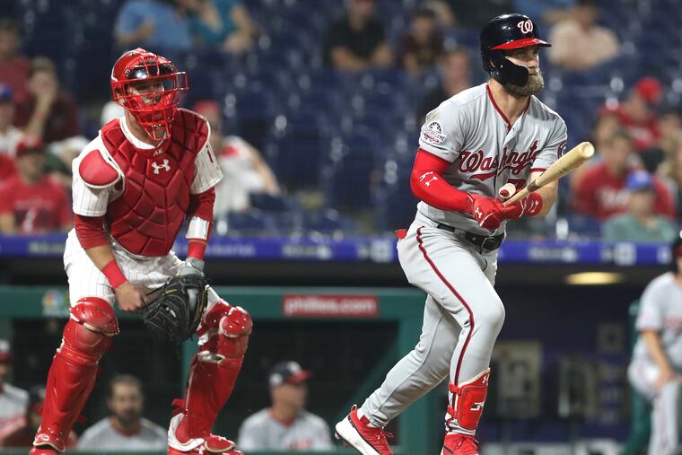 Bryce Harper of the Nationals against the Phillies at Citizens Bank Park on Sept. 11, 2018. CHARLES FOX / Staff Photographer