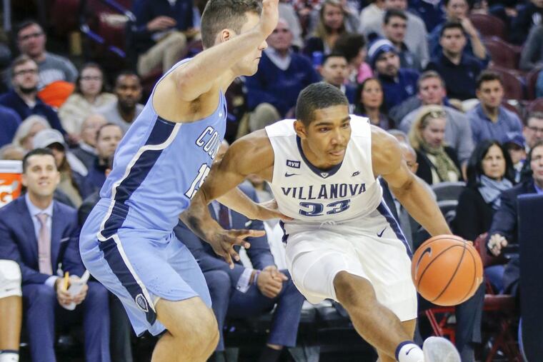 Villanova forward Jermaine Samuels dribbles the basketball against Columbia guard Gabe Stefanini on Friday, November 10, 2017 in Philadelphia. YONG KIM / Staff Photographer
