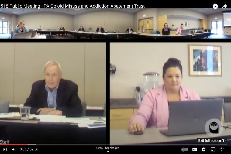Tom VanKirk (left) is chair of the Pennsylvania Opioid Misuse and Addiction Abatement Trust. He's said the trust intends “to be as transparent as possible.” But he defended holding meetings in secret and barring the public from speaking at meetings. (Screenshot from a video of the board's May 18, 2023, meeting.)