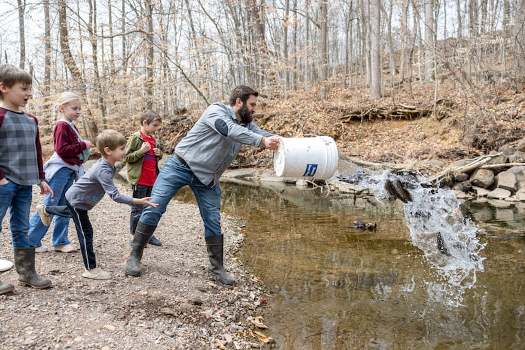 Nathan Good, 35, of Quakertown, Pa., is with his kids Winslow, 5, Deacon, 7, and Eulalia, 9, and his nephew Elijah, 7, volunteering to dump trout into the creeks in the local area for fishermen in Quakertown, Pa., on Friday, March 28, 2025.