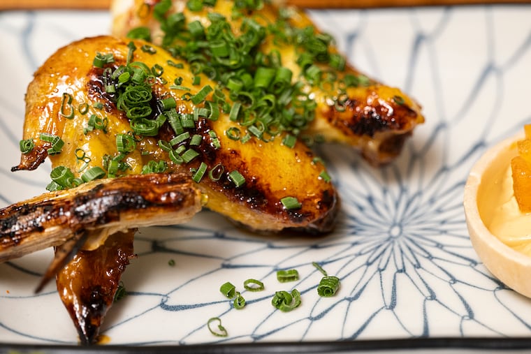 Dancerobot's Lancaster golden chicken yakitori dish. The set includes most parts of the chicken, broken out into sticks, skins, and a liver-filled monaka.