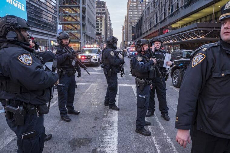 Members of the NYPD Strategic Response Group responded at the scene where suspected terrorist Akied Ullah, 27, detonated a pipe bomb in a subway passage between Times Square and Port Authority Bus Terminal on 42nd Street between 7th and 8th Avenue in Manhattan on Monday, December 11, 2017.