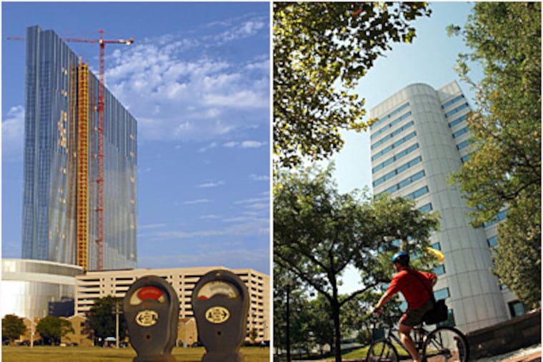 At left, Revel Entertainment Group's unfinished $2.5 billion casino resort project in Atlantic City. At right, a bicycle rider passes the Johnson & Johnson headquarters in downtown New Brunswick. (Tom Gralish/Staff; Emile Wamsteker/Bloomberg News)