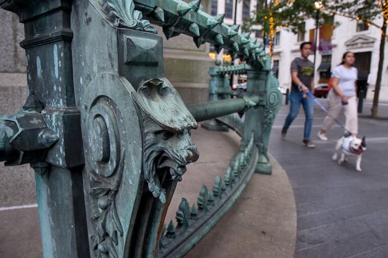 There were once almost 150 small lion heads on the ornate bronze spiked railing that surrounds City Hall. They, like most of the statuary on the building - including the big one of William Penn - were designed by Alexander Milne Calder.