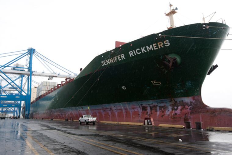 At the Packer Avenue Marine Terminal, the Jennifer Rickmers is unloading cargo on July 1, 2013. ( APRIL SAUL / Staff )