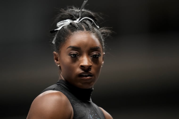 Simone Biles warms up before the U.S. Gymnastics Championships Sunday, Aug. 27, 2023, in San Jose, Calif.