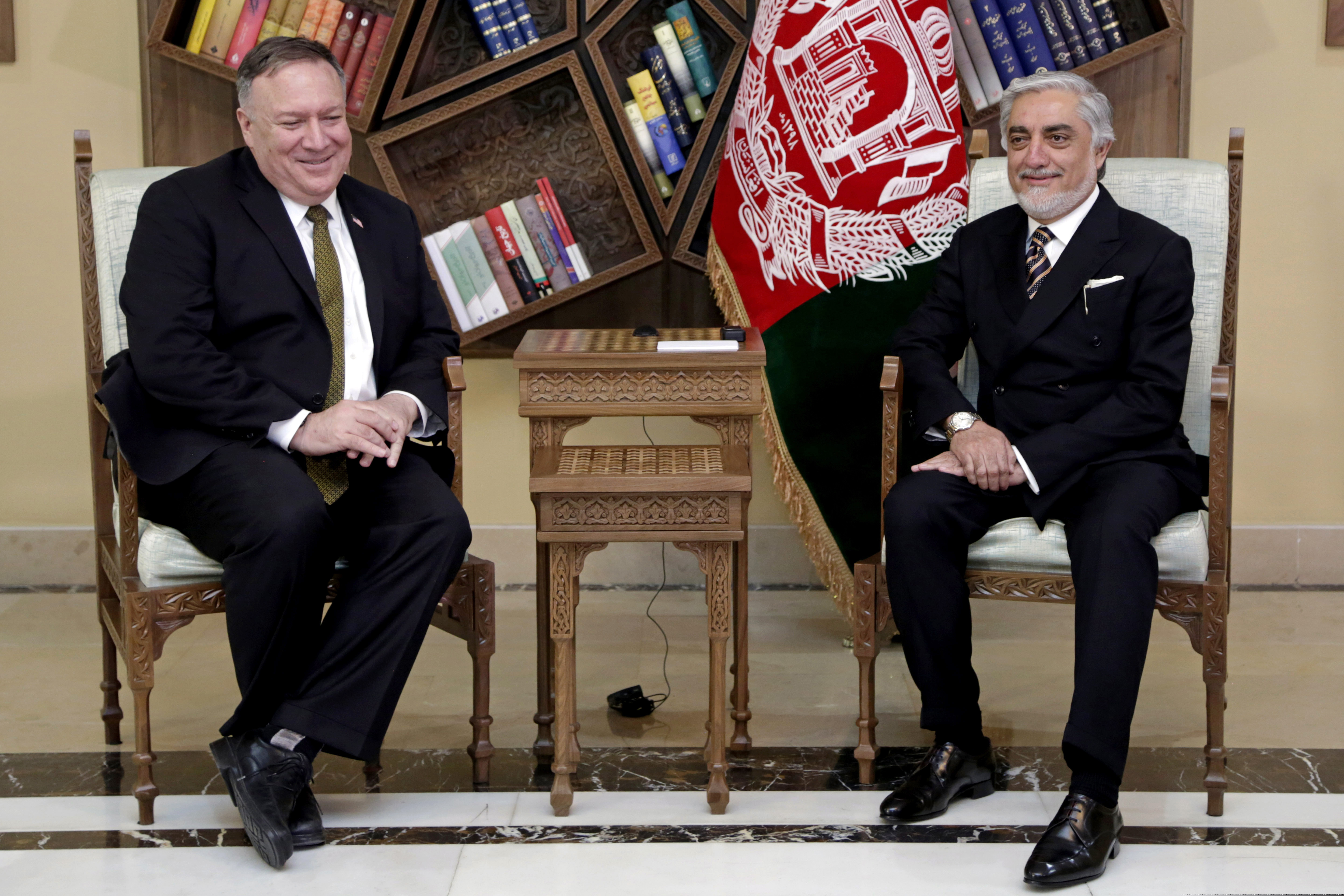 U.S. Secretary of State Mike Pompeo, left, meets with Abdullah Abdullah the main political rival of President Ashraf Ghani at the Sepidar Palace, in Kabul, Afghanistan.