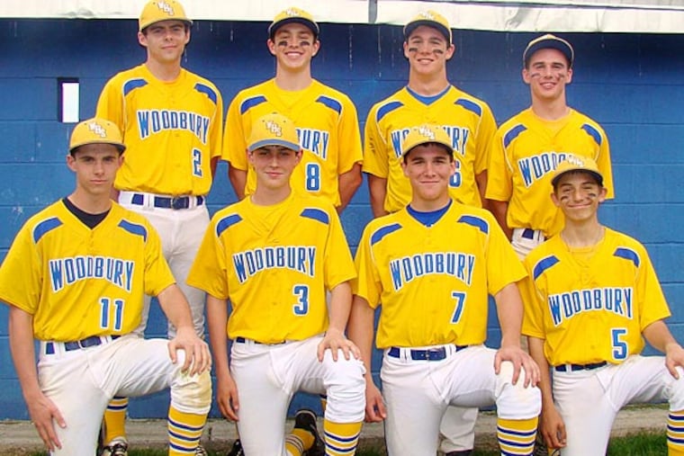 Woodbury has four sets of brothers on its baseball team. Back row:
(older brothers) L to R Matt Atkinson, Jack Tierney, Reilly Roan &
Aaron Buckley. Front row: (younger brothers) L to R David Atkinson,
Kevin Tierney, Chris Roan & Brandon Buckley. (handout)