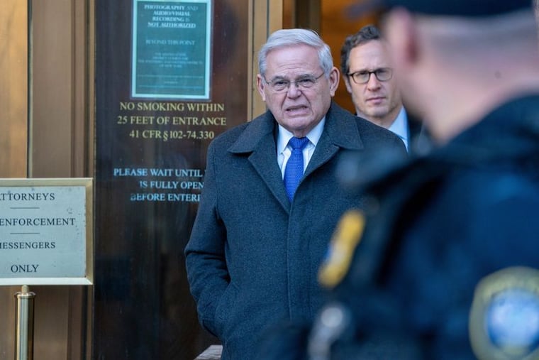 Former Senator Bob Menendez exits after being sentenced to 11 years in prison for federal charges related to a bribery scheme at the Daniel Patrick Moynihan United States Court House on Wednesday, Jan. 29, 2025.
