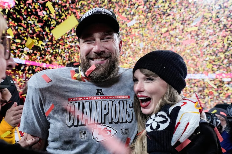 Travis Kelce, left, and Taylor Swift pose after the AFC Championship NFL football game against the Buffalo Bills, Jan. 26, 2025, in Kansas City, Mo. (AP Photo/Ashley Landis, File)